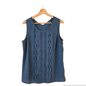 Talbots Womens Scalloped Back Collar Tie Tank Top Sleeveless Dark Teal Blue L